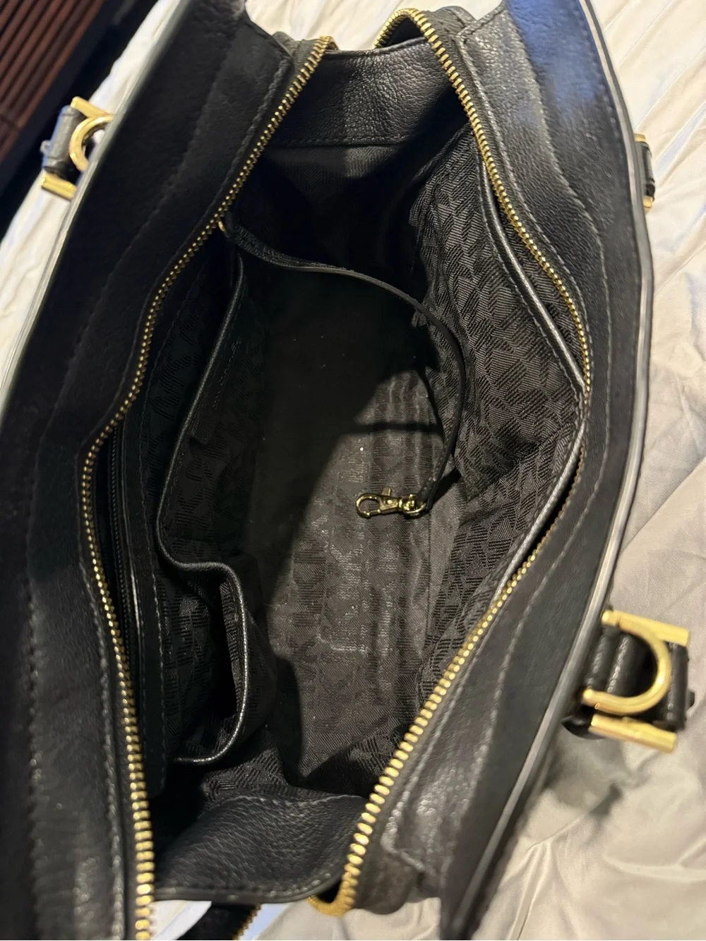 Michael Kors Black Leather Satchel with Gold Hardware and MK Charm
